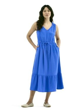 Time & Tru Midi Dress Cotton Gauze Blue Drawstring Waist Sleeveless XXL